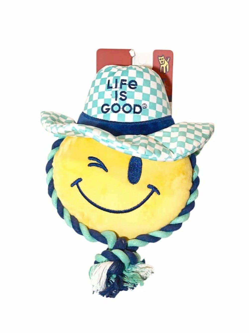 Life Is Good Happy Face Cowboy Squeaker Rope Crinkle Dog Pet Plush Toy 11" NEW